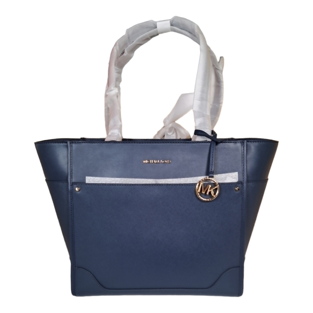 Michael Kors Harrison LG Top Zip Tote Bag Leather Purse Navy NWT NEW Gift